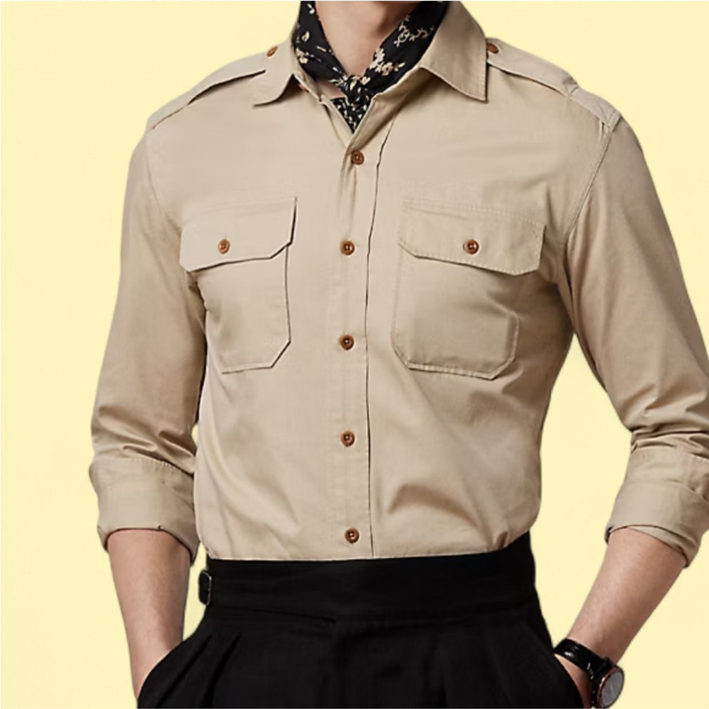 Ralph Lauren Purple Label Cream Twill Shirt Long Sleeve Button Up Double Pocket